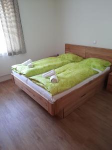 巴德小基希海姆Haus Bruna by Globalimmoservice的一张带绿床单的床和两张毛巾