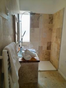 ŻabbarPalazzo Pisani Malta B&B的带淋浴和毛巾水槽的浴室