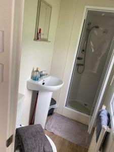 伯顿Borwick Lakes Haven的白色的浴室设有水槽和淋浴。