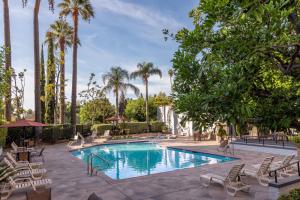 里弗赛德里弗赛德会议中心万豪酒店的一个带椅子的游泳池,棕榈树