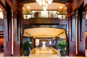 胡佛伯明翰玫瑰桥万丽高尔夫度假酒店的两棵盆栽植物的建筑走廊
