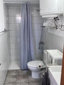 TaibiqueDrago y Laurel的浴室设有卫生间和蓝色的浴帘。