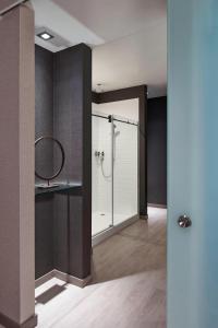 德梅因AC Hotel by Marriott Des Moines East Village的浴室设有玻璃淋浴间和镜子