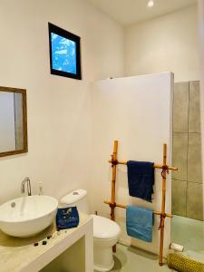 塔马林多Antema Lodge Secteur Tamarindo, piscine, yoga, gym, jungle et paix的一间带水槽和卫生间的浴室