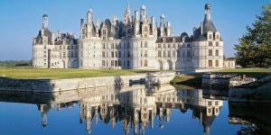 马斯利维Piscine chauffée Villa mouettes de Loire的一座城堡,在水中反射