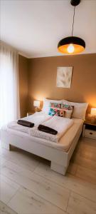 凯斯特海伊Rigó Apartman的一间卧室配有一张白色大床和光线