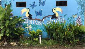 卡维塔Cabinas Cahuita的鸟儿和蝴蝶在建筑的一侧的壁画
