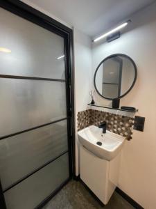 格但斯克Cichy Apartament Gdańsk的一间带水槽和镜子的浴室