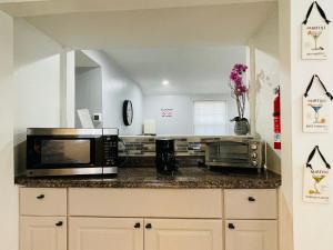 海厄茨维尔Renovated guest house的厨房配有带微波炉、烤箱和微波炉的台面