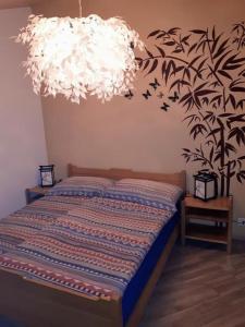 Le Noirmontschöner Aufenthalt的一间卧室配有一张带大吊灯的床