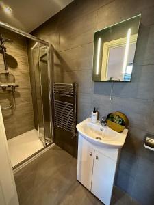 珀利Room with private bathroom/Tv的浴室配有白色水槽和淋浴。