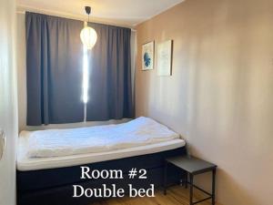 雷克雅未克Spacious 3 bedroom apartment,close to centrum.的一间卧室配有一张蓝色窗帘的床