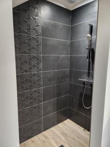 CharchillaGites Jura Sud的浴室设有黑色瓷砖淋浴。