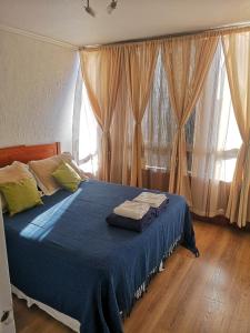 圣地亚哥Depto Santiago San Miguel Metro Lo Vial的一间卧室配有一张带蓝色床单和窗帘的床