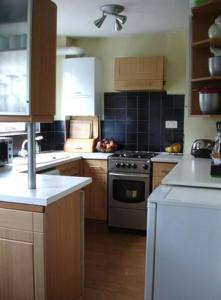 伦敦2 Dbl Bed Top Floor Modern Oriental Flat Greenwich Park的厨房配有木制橱柜和炉灶烤箱。