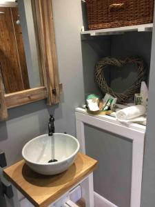 LonghopeCute studio cottage. Wood burner. Amazing views的一间带碗水槽和镜子的浴室