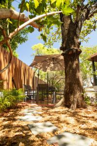 埃唐萨莱莱班海滩Villa des 3 sables, MACABI的树下桌椅和雨伞