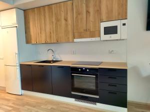 坦佩雷Fully Equipped New Apartment With Free Parking的厨房配有木制橱柜、水槽和冰箱。