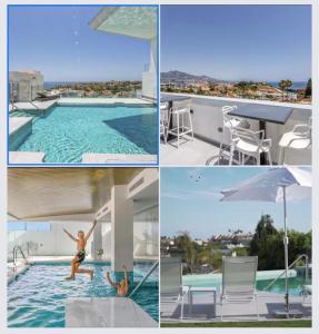 福恩吉罗拉The View Luxury Vacation Apartment Blue的游泳池里一个女人的四张照片的拼贴画