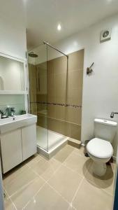 伦敦Sienna's 2 - bedroom apartment, London, N1.的带淋浴、卫生间和盥洗盆的浴室