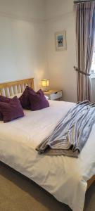 布里斯托Quiet Terraced House的卧室配有一张带紫色枕头的大型白色床。