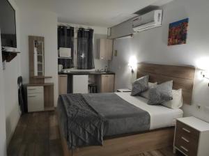 阿利坎特hostal olozaga的一间卧室配有一张床和一个小厨房