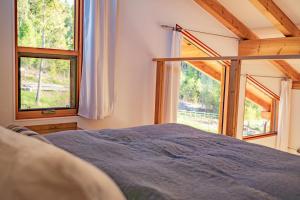基洛纳Myra Canyon Lodge的一间卧室设有一张床和两个窗户。
