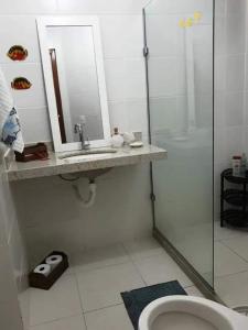 瓜拉派瑞Apartamento em Guarapari的一间带水槽、淋浴和卫生间的浴室