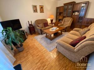 弗尔沙茨Moment Apartman Vrsac的客厅配有沙发、椅子和桌子
