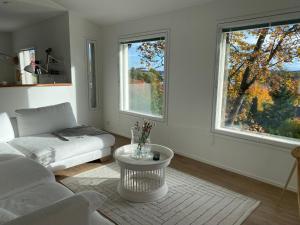 波尔沃Idyllic sea view house的带沙发和桌子的客厅以及2扇窗户。