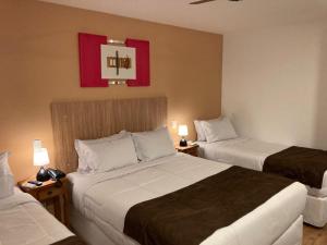 圣佩德罗塞拉Pousada Renovo da Serra的酒店客房设有两张床和两盏灯。