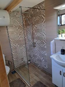 乌尔齐尼Olive & sea, Luxury two bedrooms cabin for 8的带淋浴和盥洗盆的浴室