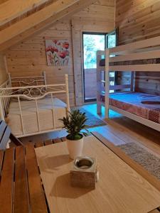 乌尔齐尼Olive & sea, Luxury two bedrooms cabin for 8的一间卧室设有两张双层床和一张桌子