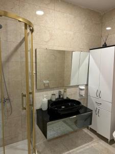 伊斯坦布尔Sisli Centre Lux的浴室设有黑色水槽和镜子