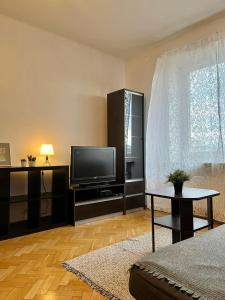 克拉科夫Old Town Apartment的一间带电视和桌子的客厅