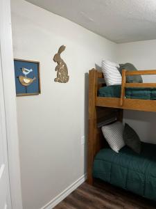 拉伯克The Airstream Lodge的一间卧室设有两张双层床和一堵墙