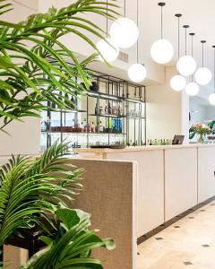 罗萨里奥广场里尔套房酒店的餐馆里的酒吧,种植了盆栽植物