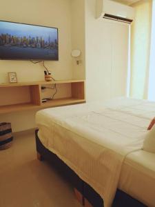 布卡拉曼加Moderno, ubicación estratégica.的一间卧室配有一张床和一台平面电视