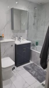 伦敦Transom Close的浴室配有盥洗盆、卫生间和浴缸。