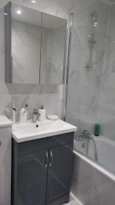 伦敦Transom Close的浴室配有水槽、淋浴和浴缸。
