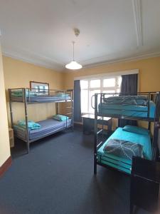 罗托鲁瓦Rotorua Central Backpackers的客房设有三张双层床和一扇窗户。