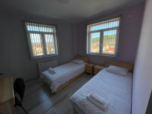 Семеен Хотел Сестримо的一间卧室设有两张床和两个窗户。