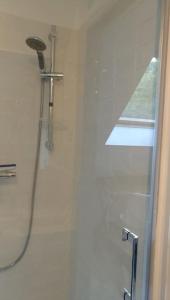 le beau coin, unique et magique的带淋浴和镜子的墙壁浴室