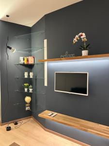马尔萨拉L'aurora的一间客厅,客厅的蓝色墙壁上配有电视