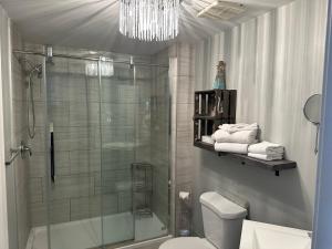 拉马巴耶勒旁德韦汽车旅馆的带淋浴和卫生间的浴室以及吊灯。