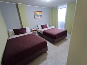 帕斯托HOTEL DINO的酒店客房设有两张床和窗户。