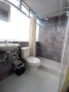 帕斯托HOTEL DINO的浴室配有卫生间、盥洗盆和淋浴。