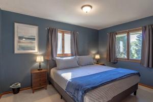伯米吉Family Home W/ 2 King, 2 Queen Beds + Game Room的一间蓝色卧室,配有床和2个窗户