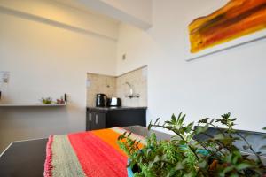 萨尔塔Apartamentos Ref的一间设有一张桌子的房间,配有色彩缤纷的毯子