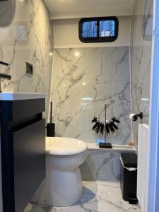 芬克芬NEW - LITTLE IBIZA, on a lake near Amsterdam, with HOT TUB!的浴室配有白色卫生间和大理石墙。